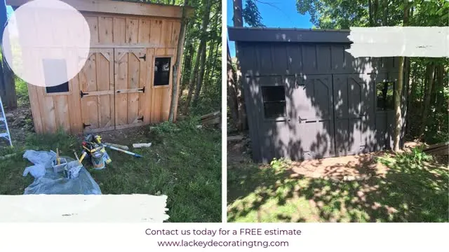 Before and after of a weathered wooden shed painted a deep charcoal